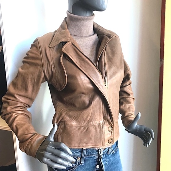 MIKE & CHRIS Camel Zip-Front Leather Jacket EUC/sz: M